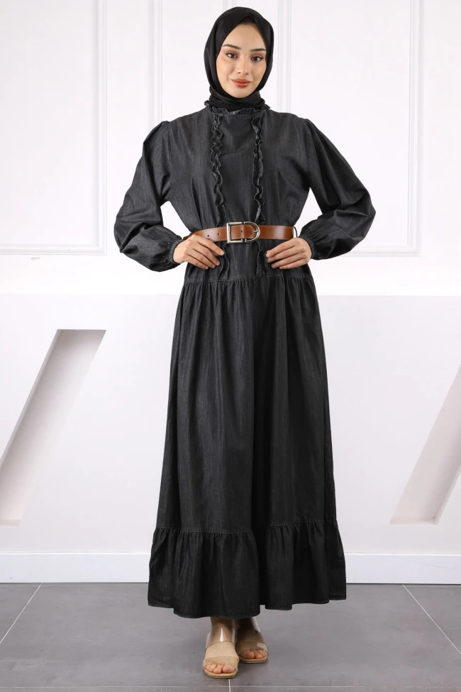 Antrasit Kol Lastikli Eteği Katlı Kemerli Elbise