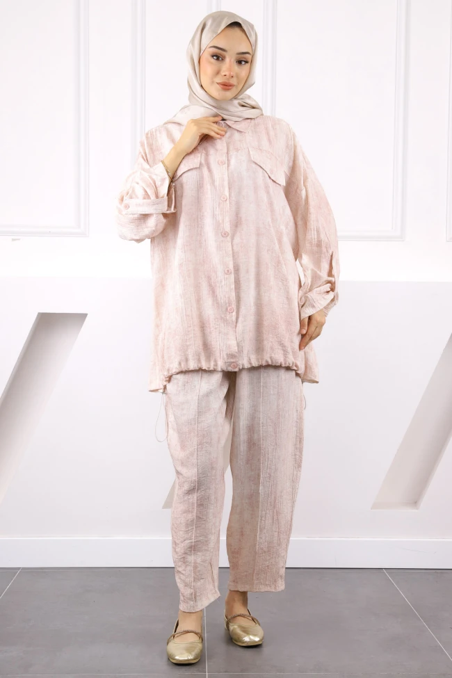 Bej Tunik Pantolonlu Takım