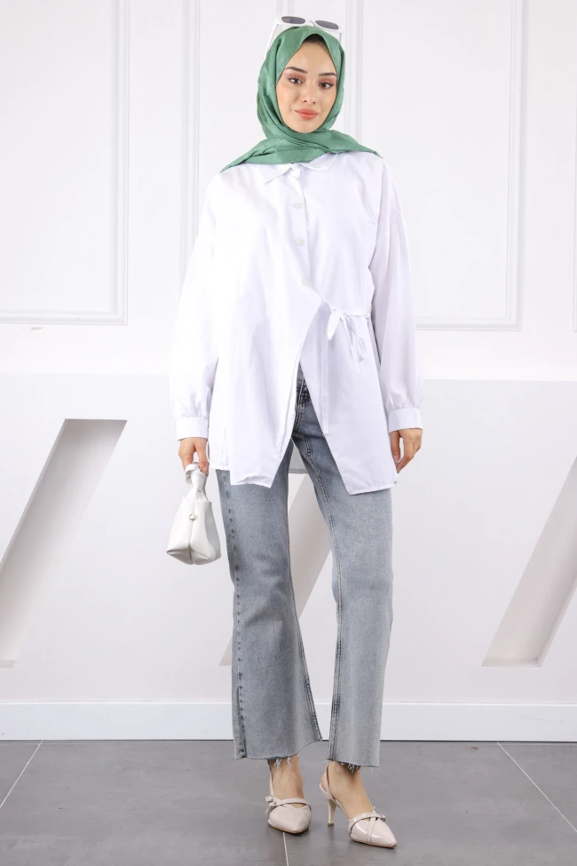 Beyaz Yandan Bağlamalı Modal Tunik