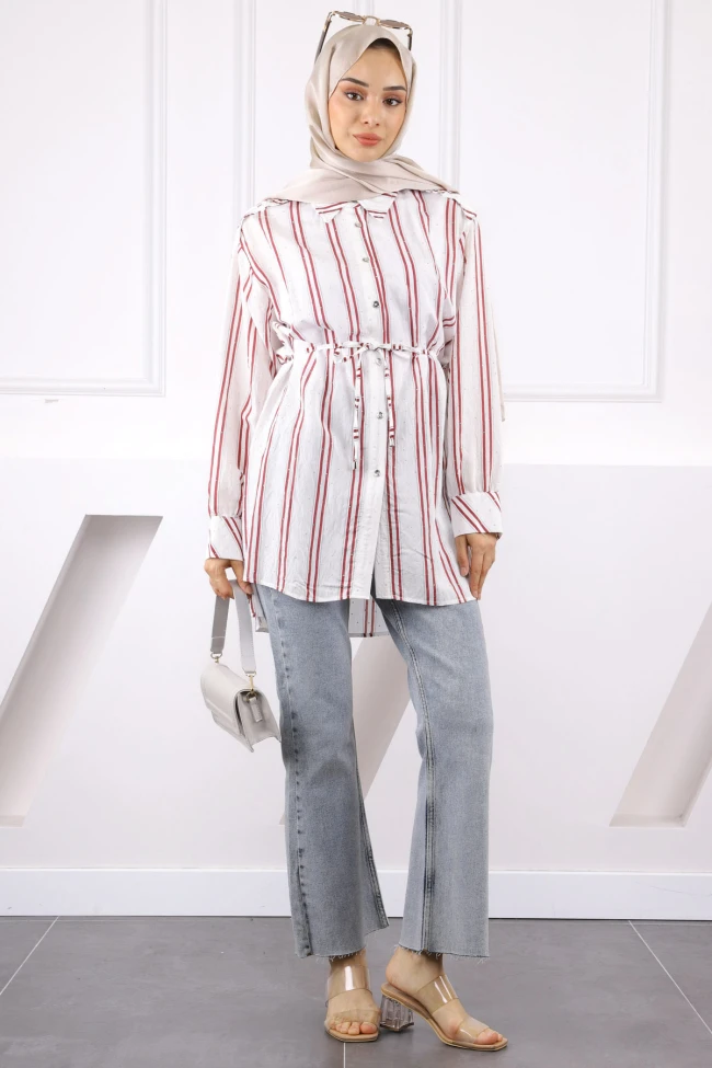 Bordo Taş Detaylı Çizgili Tunik
