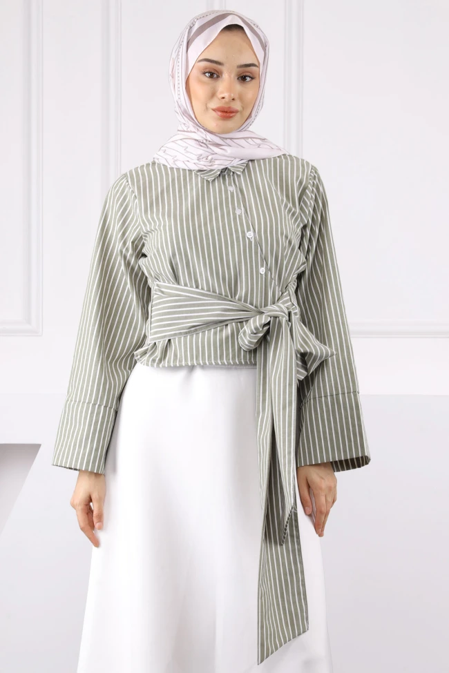 Haki Bel Bağlamalı Crop Gömlek