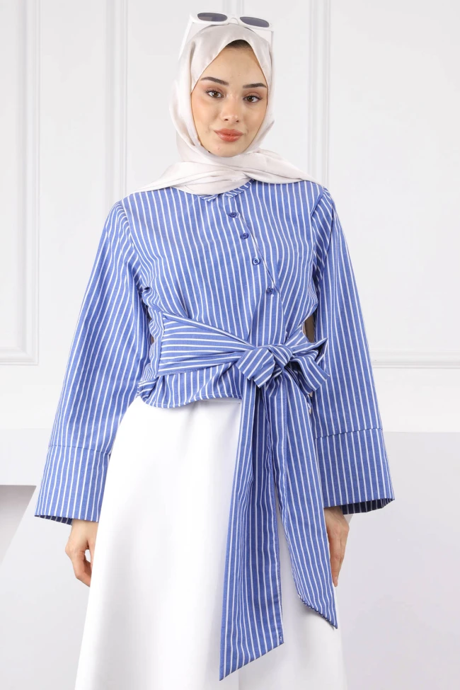 Lacivert Bel Bağlamalı Crop Gömlek