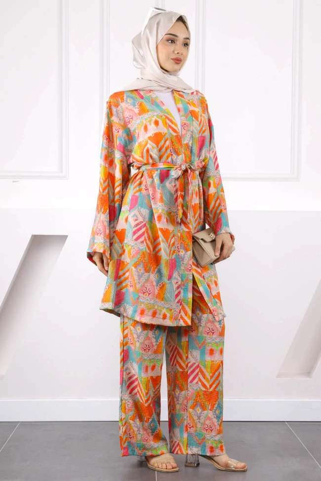 Oranj Desenli Kimono Pantolonlu Takım