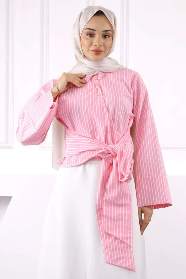 Pembe Bel Bağlamalı Crop Gömlek