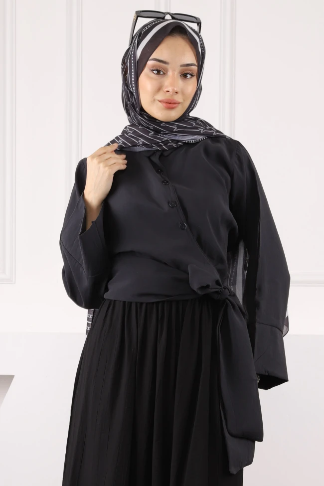 Siyah Bel Bağlamalı Modal Gömlek