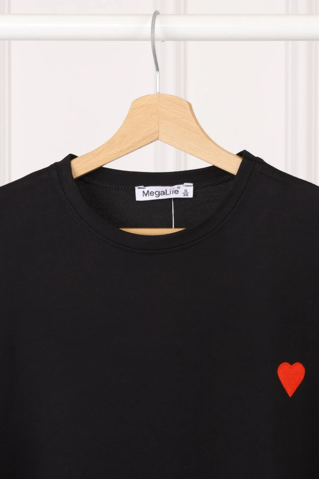 Siyah Nakışlı Kısa Kol Modal T-Shirt