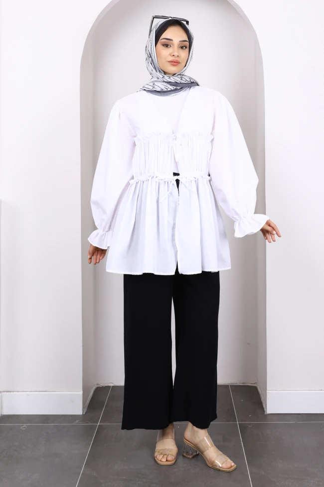 Beyaz Ön Bağlamalı Fırfırlı Kimono