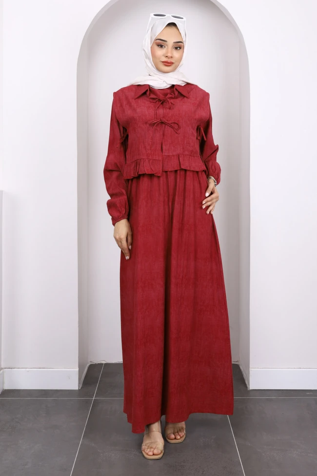 Bordo Yelek Kombinli Bel Lastikli Elbise