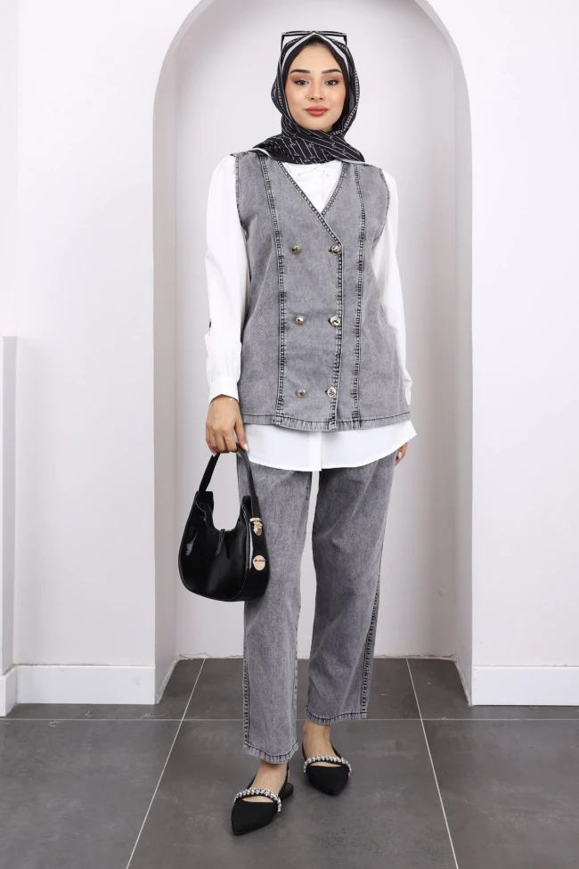 Füme Gömlek Yelek Pantolonlu 3'Lü Kombin Takım