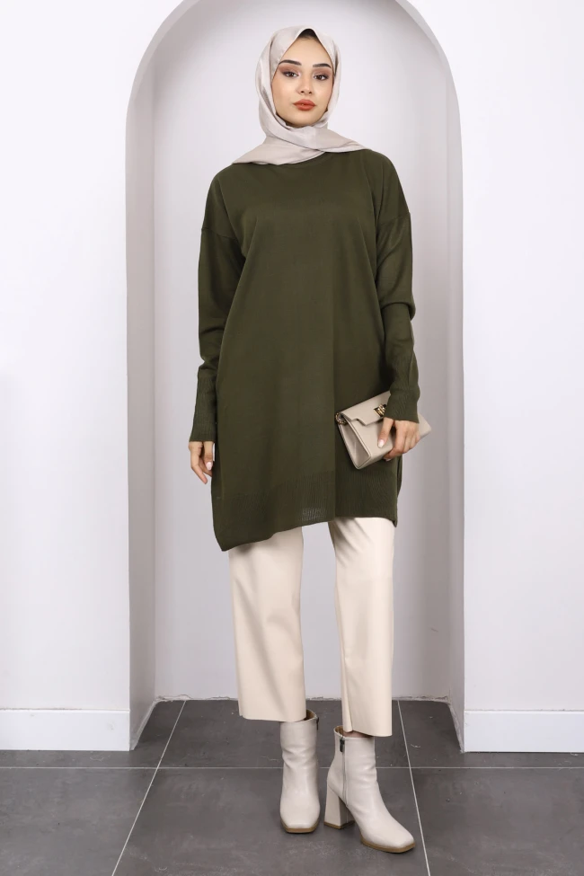 Haki Bisiklet Yaka Merserize Salaş Triko Tunik