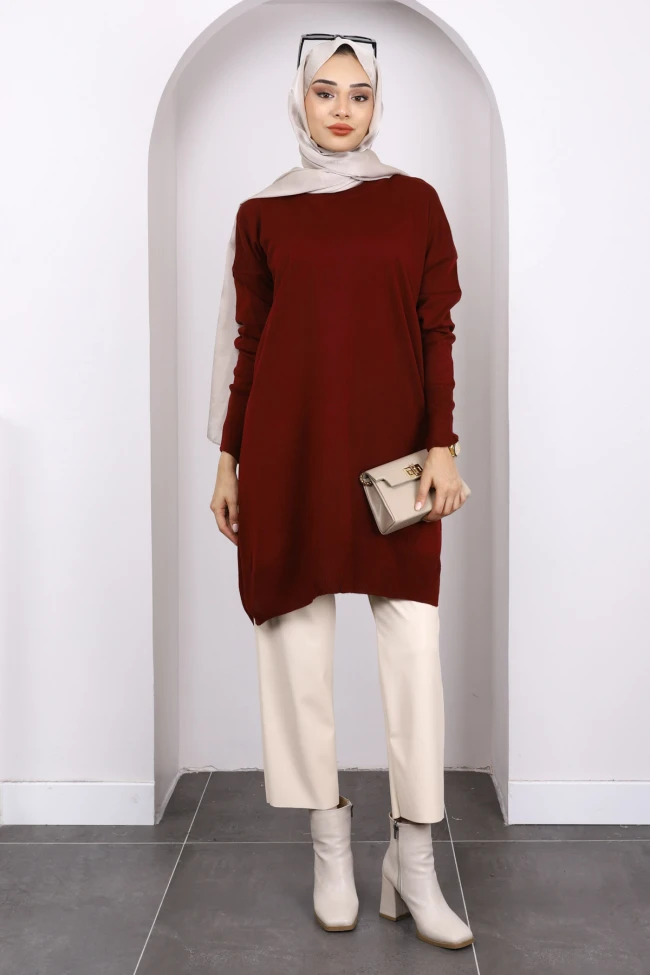 Koyu Bordo Bisiklet Yaka Merserize Salaş Triko Tunik