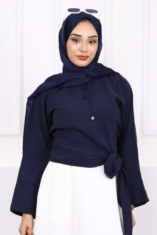 Lacivert Bel Bağlamalı Modal Gömlek