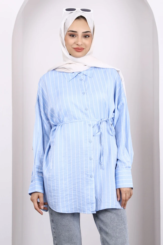 Mavi Çizgili Ön Düğmeli Tunik