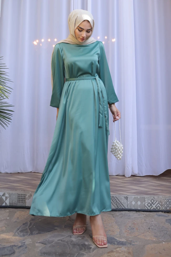 Mint Hakim Yaka Balon Kol Saten Abiye Elbise