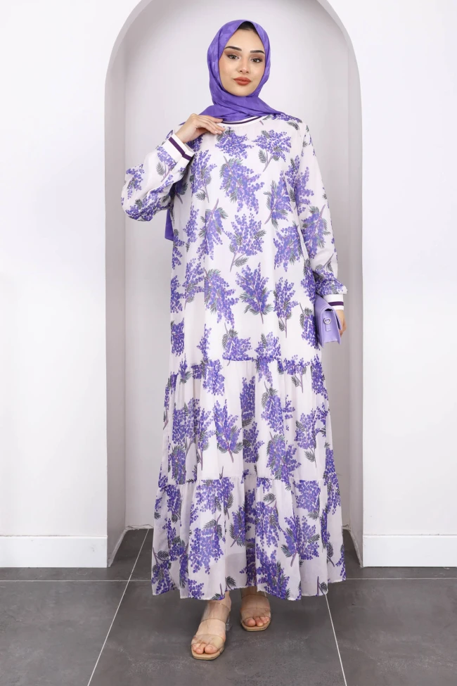 Mor Desenli Şifon Elbise