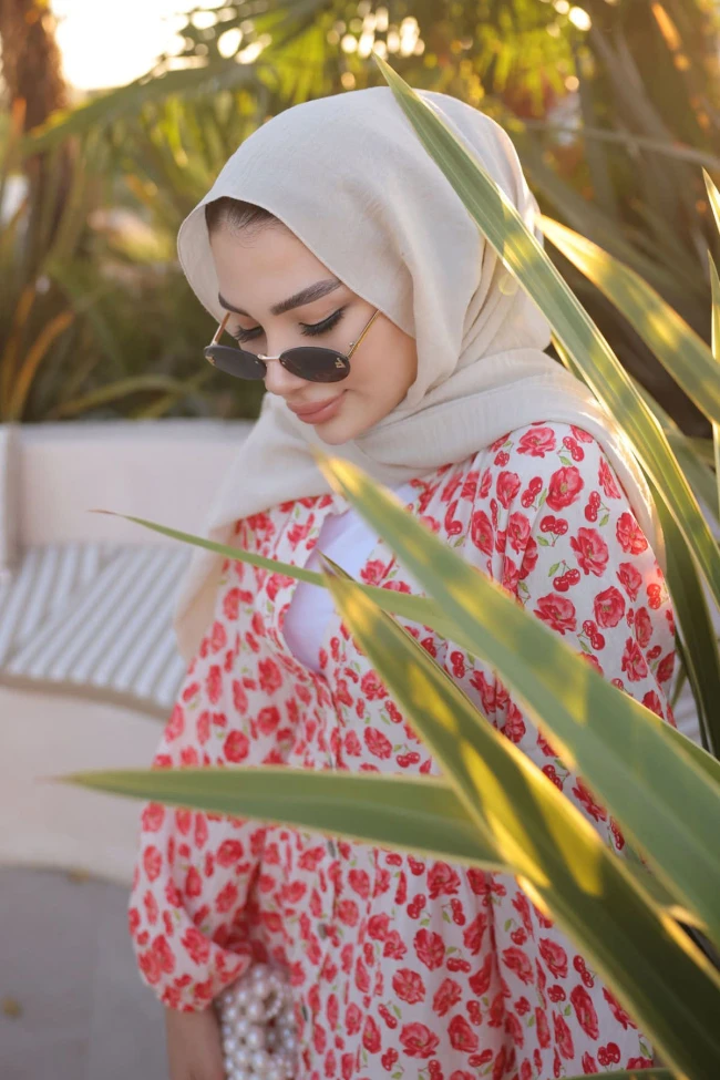 Nar Çiçeği Yarım Düğmeli Eteği Katlı Elbise