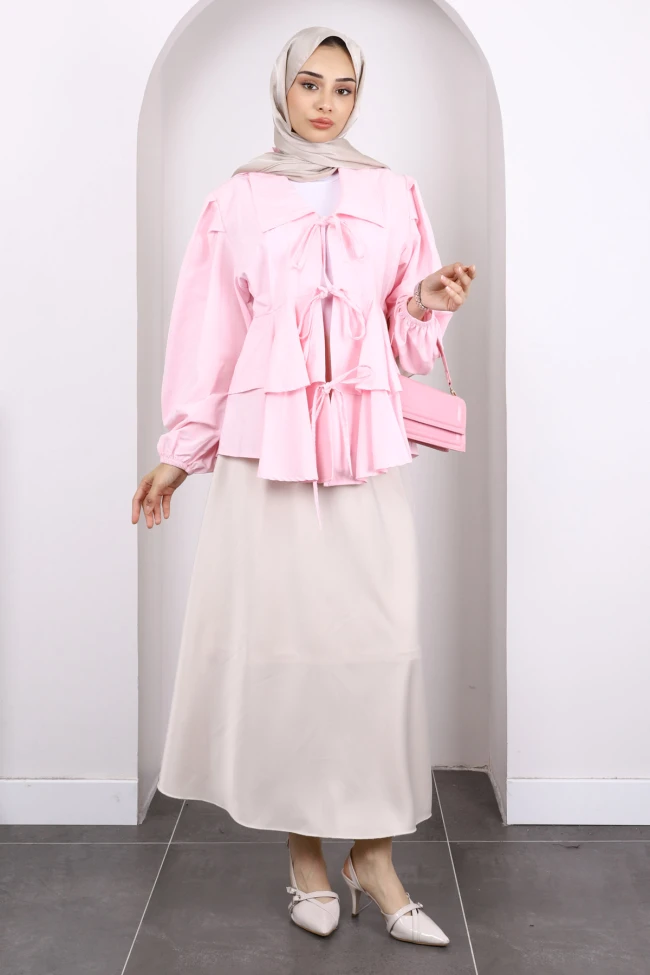 Pembe Ön Bağlamalı Katlı Tunik