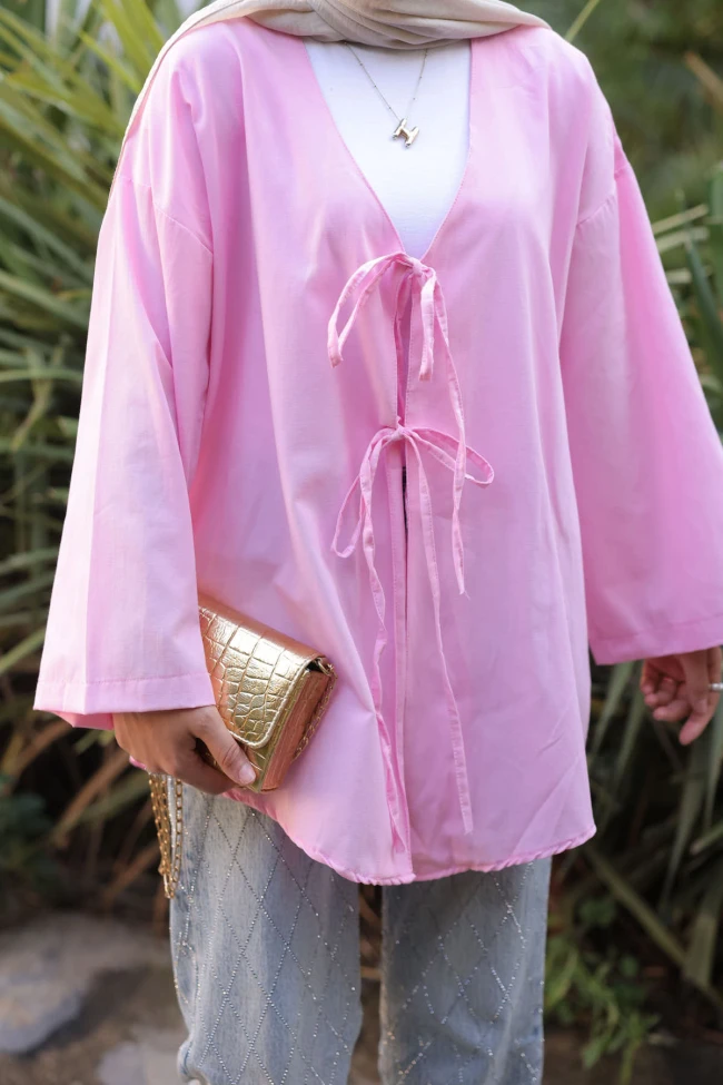 Pembe Ön Bağlamalı Kimono Tunik