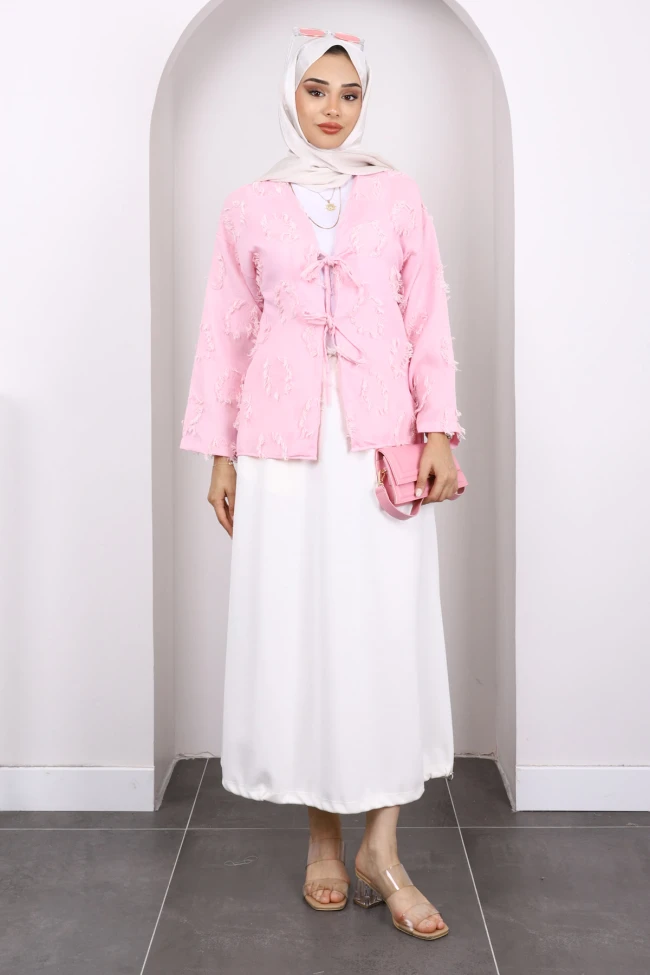 Pembe Ön Bağlamalı Püsküllü Kimono