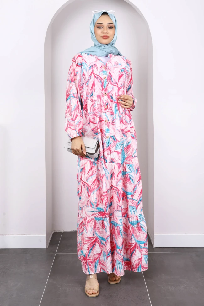 Pembe Yarım Düğmeli Eteği Katlı Desenli Elbise