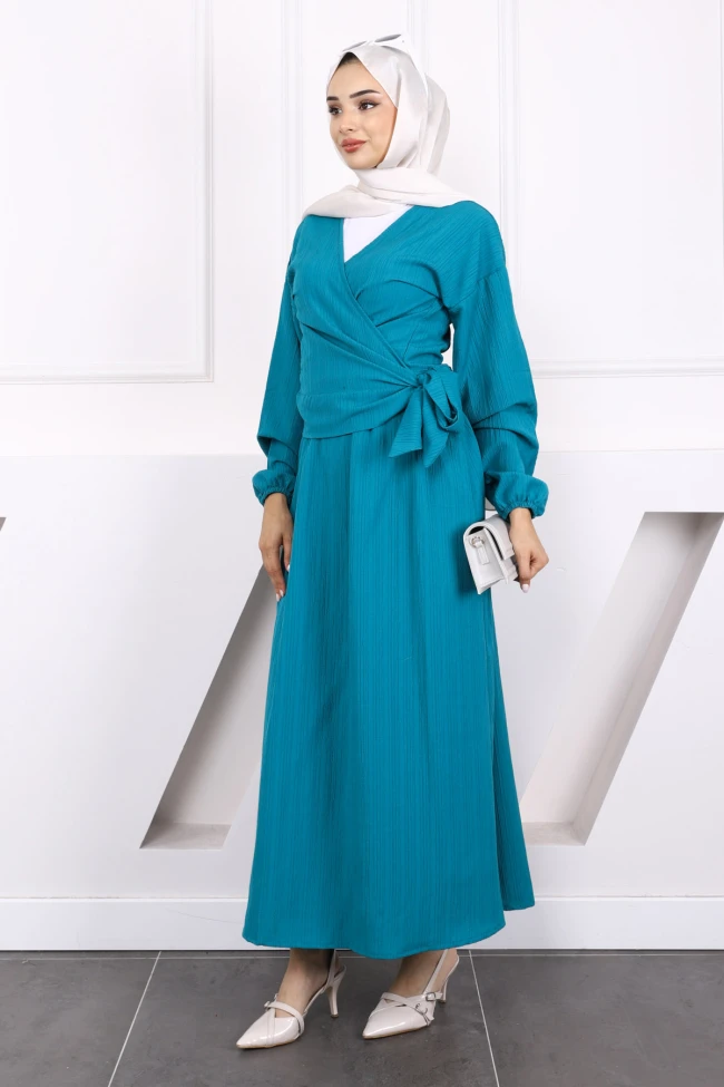 Petrol Yeşili Yan Bağlamalı  Bluz Etekli Takım