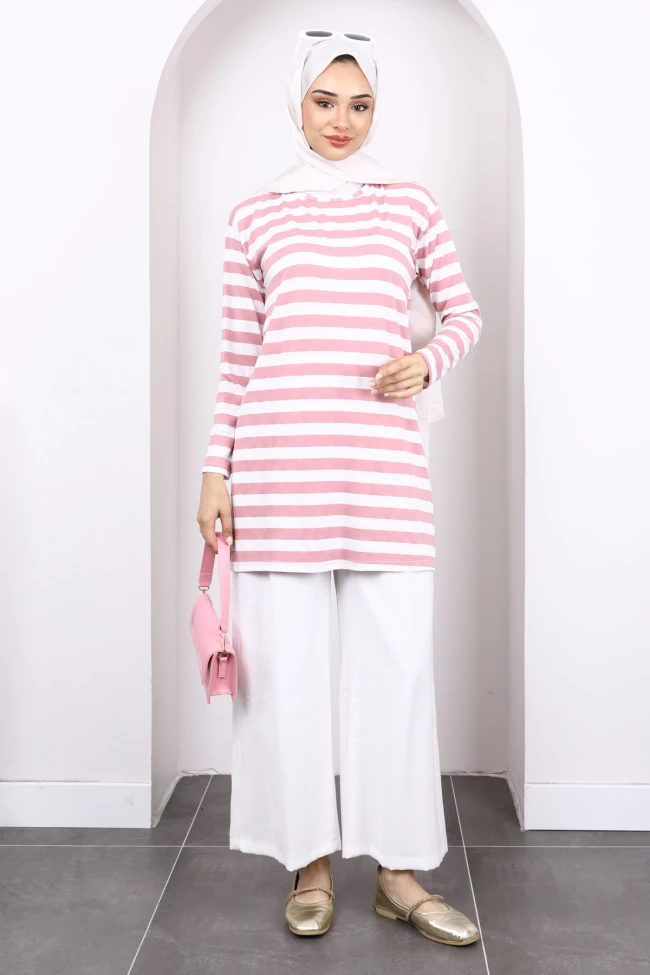 Pudra Çizgili Uzun Kol Tunik