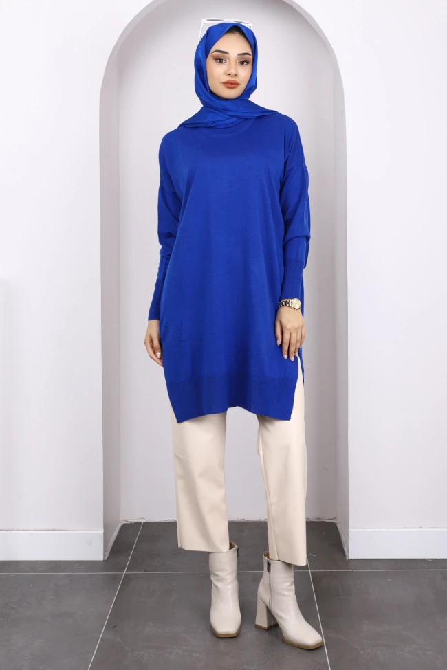 Saks Mavi Mevsimlik Merserize Salaş Triko Tunik