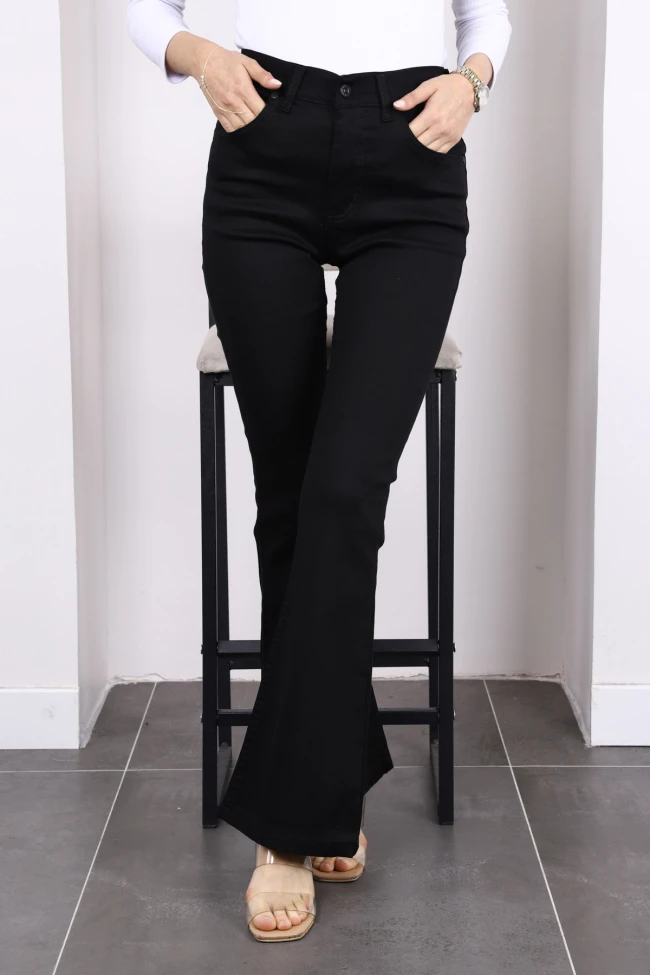 Siyah Yüksek Bel İspanyol Paça Jeans Pantolon