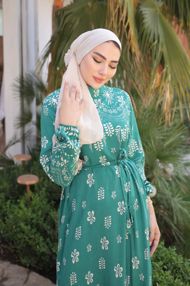 Yeşil Desenli Eteği Katlı Viscon Elbise