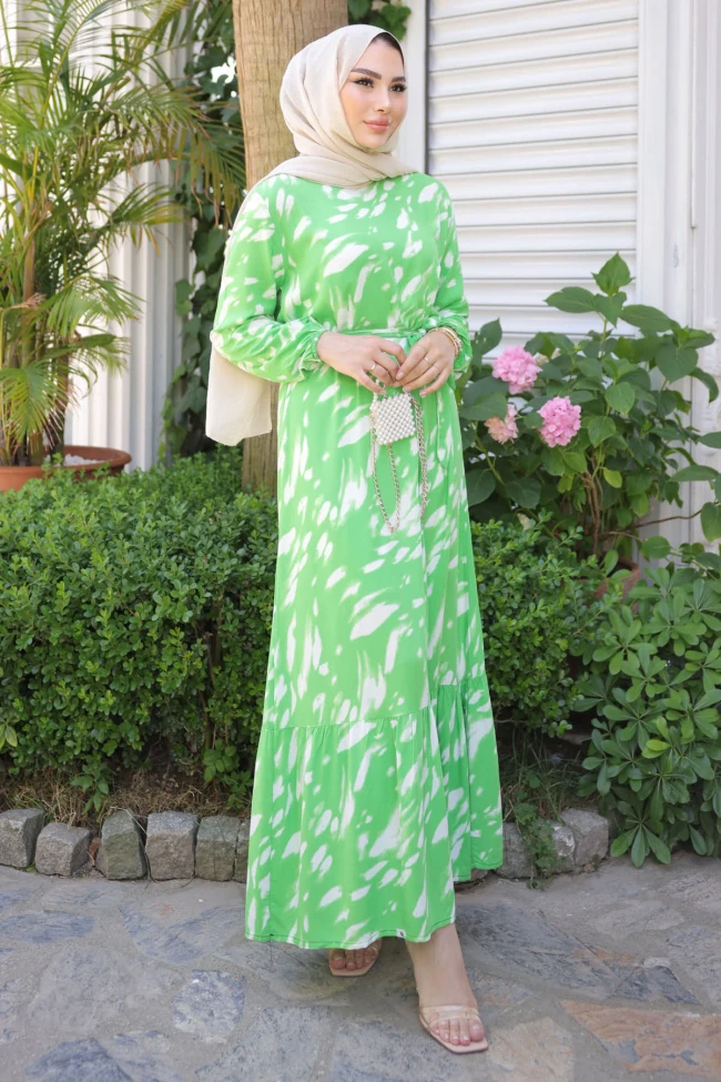 Yeşil Desenli Eteği Katlı Viscon Elbise