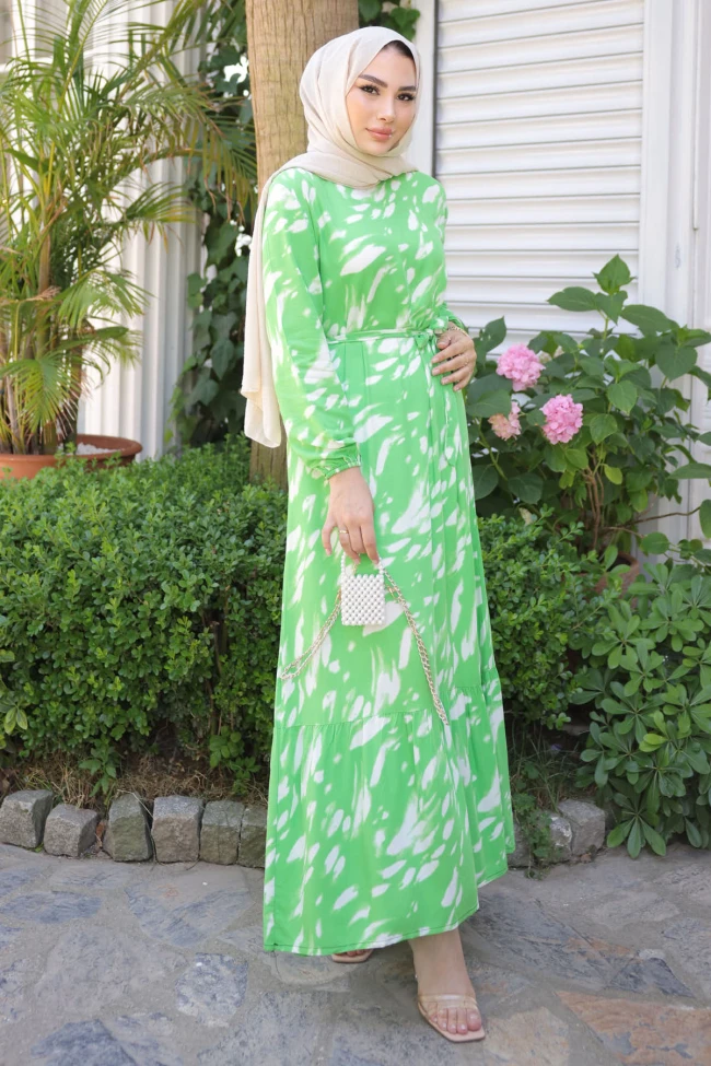 Yeşil Desenli Eteği Katlı Viscon Elbise