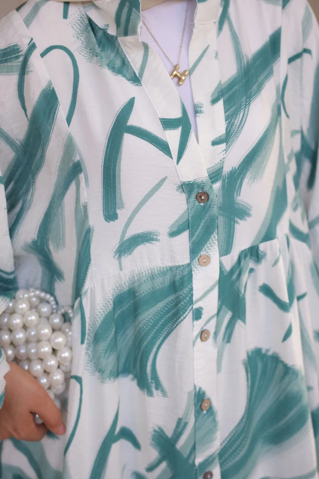 Yeşil Yarım Düğmeli Eteği Katlı Elbise