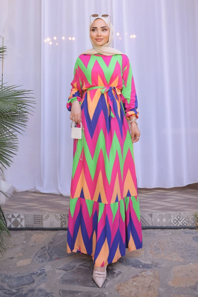 Yeşil/Pembe Desenli Eteği Katlı Viscon Elbise