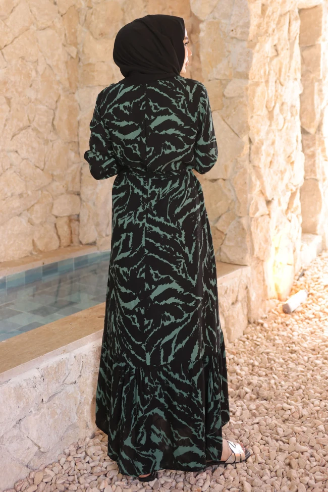 Zümrüt Yeşili Desenli Eteği Katlı Viscon Elbise