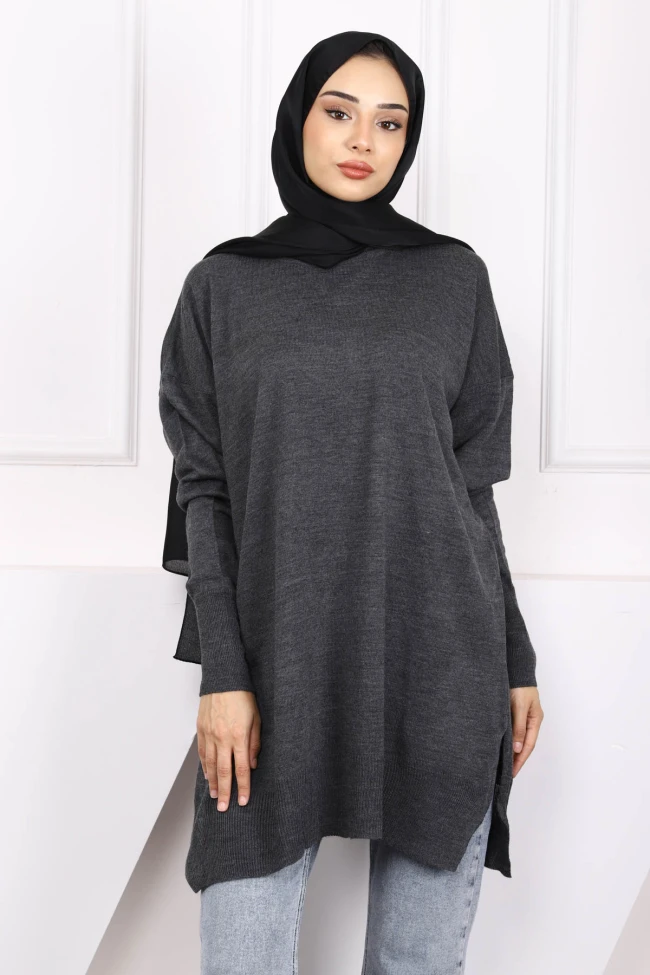 Antrasit Bisiklet Yaka Merserize Salaş Triko Tunik