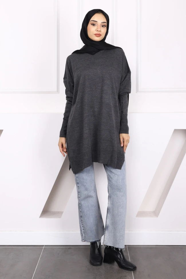Antrasit Bisiklet Yaka Merserize Salaş Triko Tunik