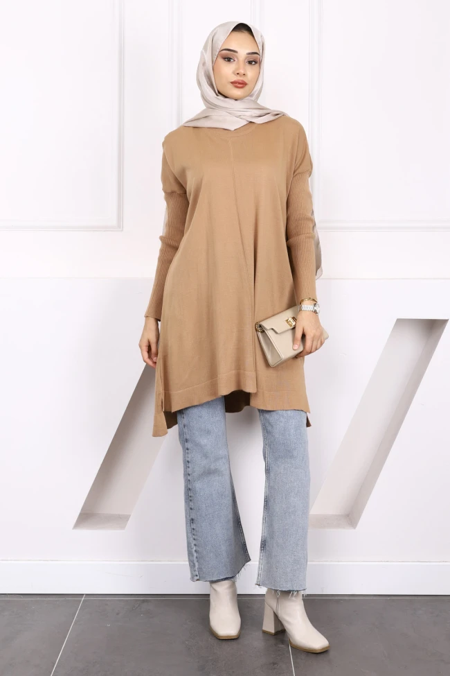 Bisküvi Bisiklet Yaka Merserize Salaş Triko Tunik