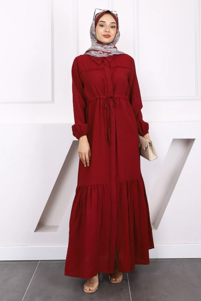 Bordo Bel Bağlamalı Dantelli Elbise
