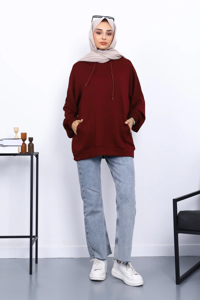 Bordo Kanguru Cepli Modal Sweatshirt