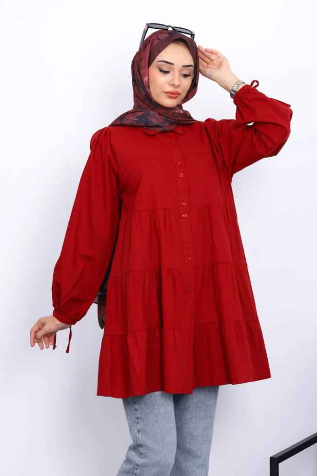 Bordo Kol Bağcıklı Tunik