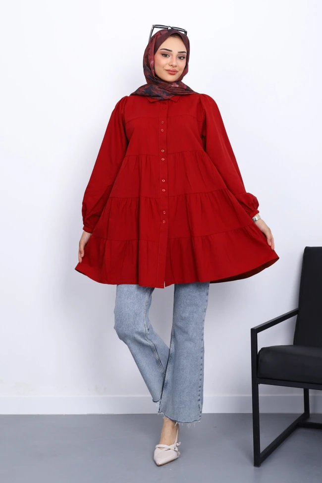 Bordo Kol Bağcıklı Tunik