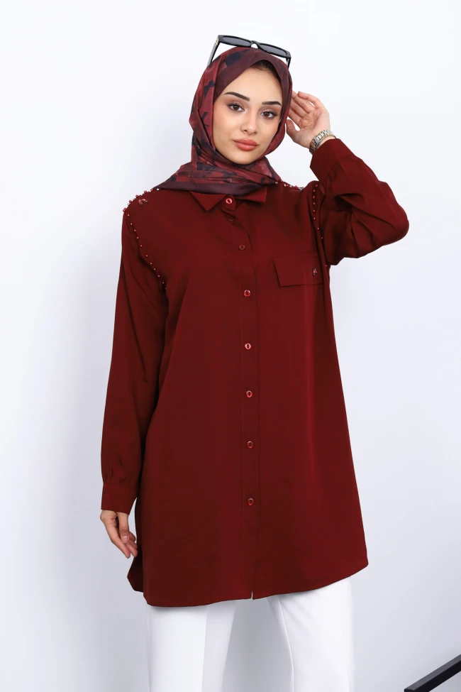 Bordo Omuzları İncili Tunik