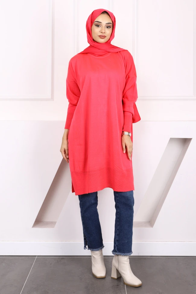 Fuşya Bisiklet Yaka Merserize Salaş Triko Tunik