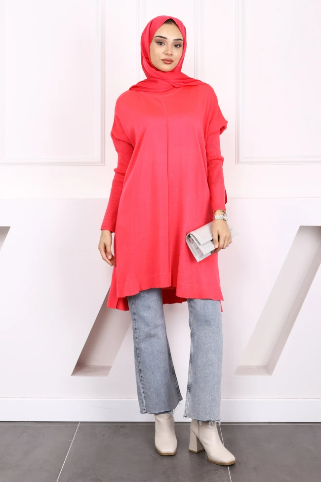 Fuşya Bisiklet Yaka Merserize Salaş Triko Tunik