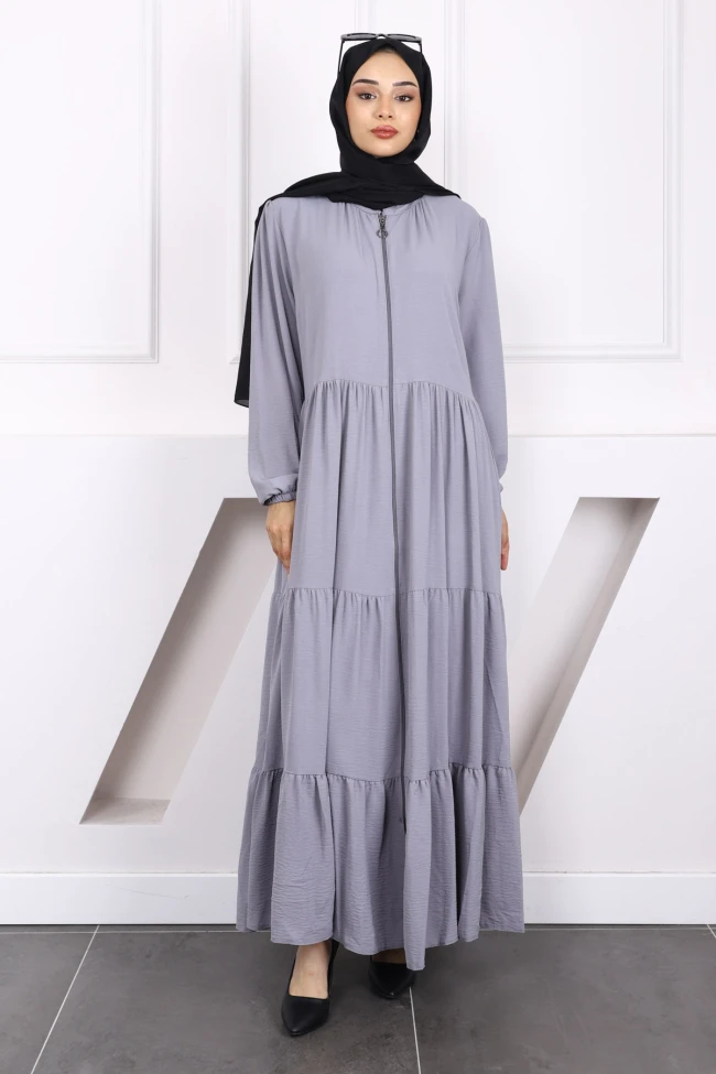 Gri Kol Lastikli Fermuarlı Ferace