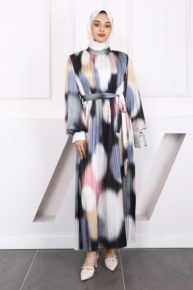 Haki Bel Kuşaklı Pileli Elbise