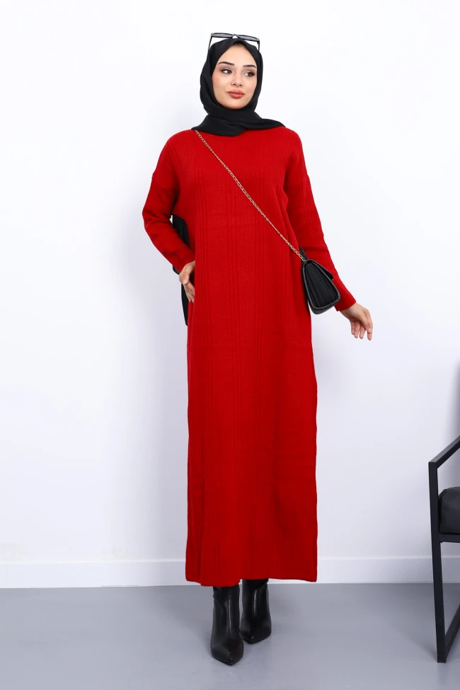Kırmızı Dik Yaka Fitilli Merserize Triko Elbise