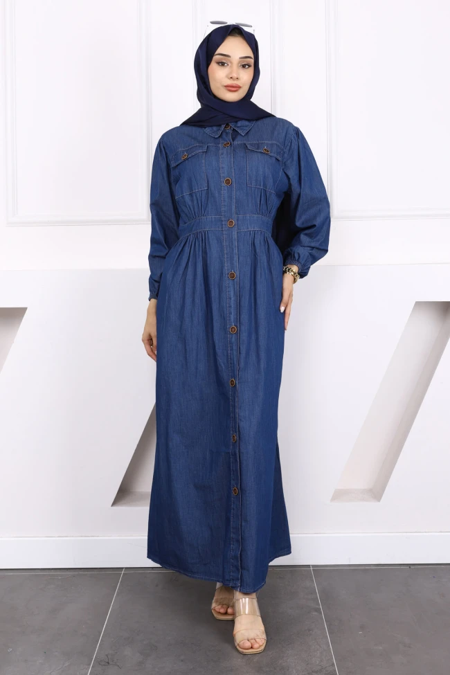 Koyu Mavi Cepli Düğmeli Kot Elbise