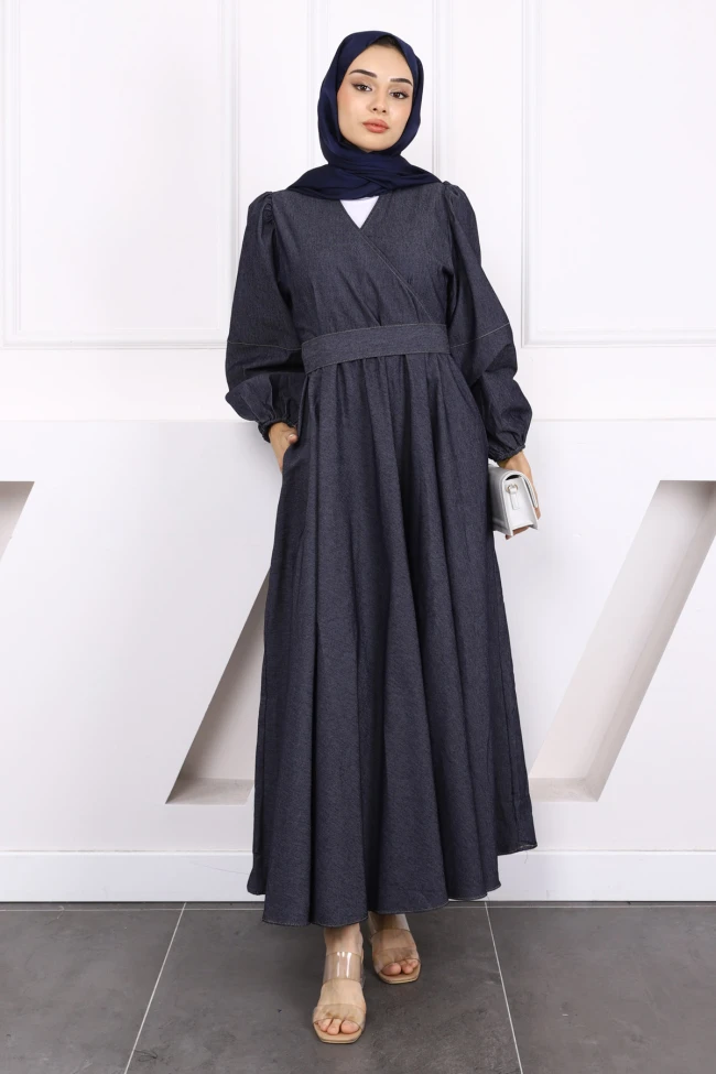 Lacivert Kruvaze Yaka Bel Kuşaklı Kot Elbise