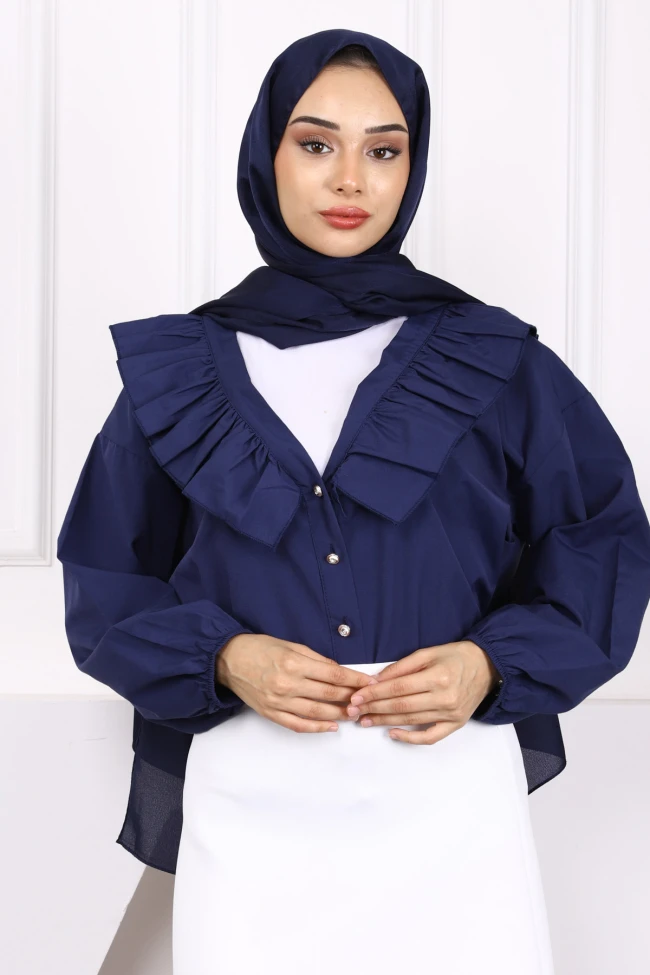 Lacivert Yaka Fırfırlı Düğmeli Gömlek